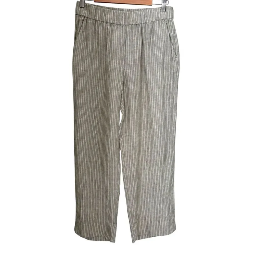 Everlane Flax Linen Size Large Green with White Strips Elastic Waistband